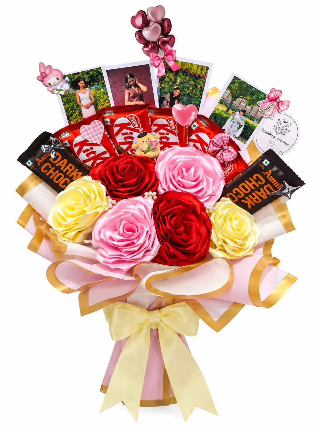 Pink, red and yellow satin flower bouquet with photographs and chocolates