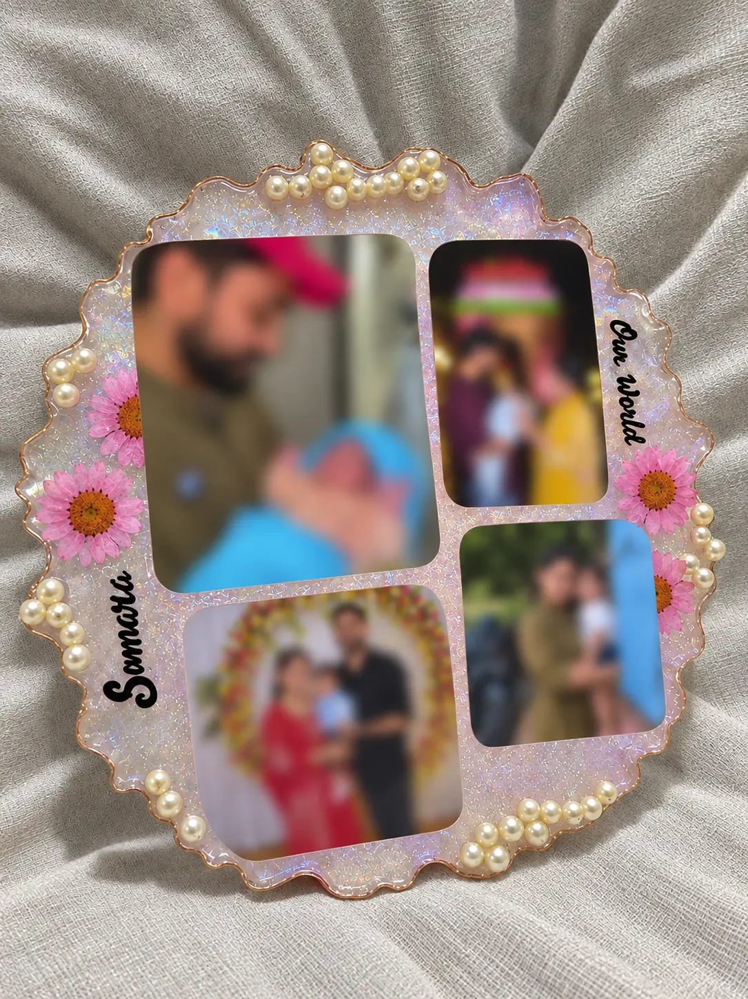 Personalised round resin frame with family photographs, pearls and pink flowers