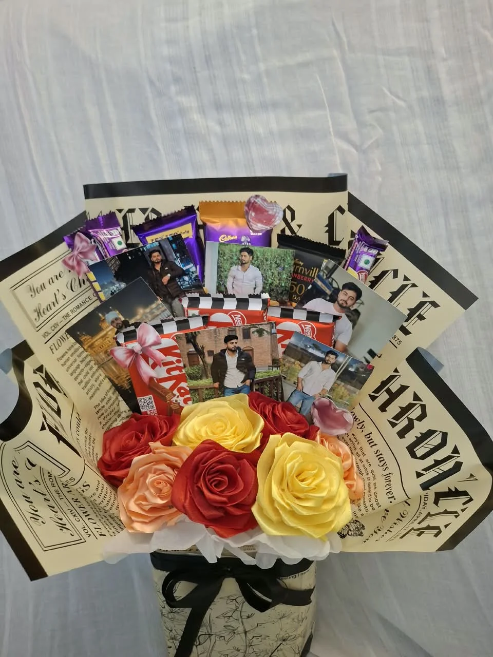 Handmade memory bouquet with mounted photo keepsakes
